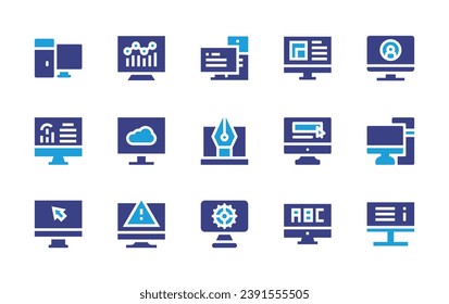 Computer screen icon set. Duotone color. Vector illustration. Containing computer, personal computer, user, feather, screen.