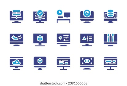 Computer screen icon set. Duotone color. Vector illustration. Containing data, workaholic, coin, weather, settings, graphic tool, light bulb, overload, design, information, monitor, d design, preview.
