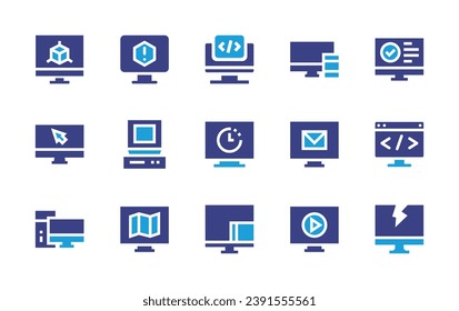 Computer screen icon set. Duotone color. Vector illustration. Containing monitor, voting, click, lag, coding, error, responsive, antique, email, computer, screen mirroring, crack, map, play.