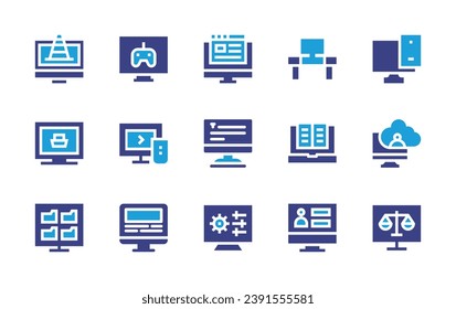 Computer screen icon set. Duotone color. Vector illustration. Containing gamepad, table, tv, e learning, cone, blog, responsive, food delivery, writing, cloud network, browser, admin, storage, setting