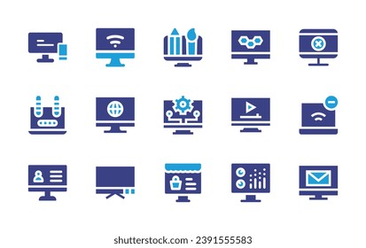 Computer screen icon set. Duotone color. Vector illustration. Containing computer, devices, creative tools, error, monitor, television, worm, development, no connection, ecommerce, mail, equalizer.