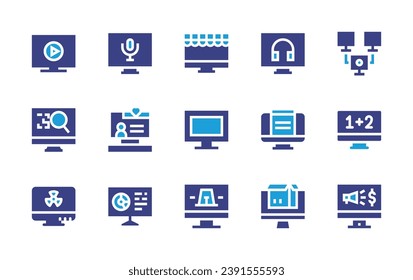 Computer screen icon set. Duotone color. Vector illustration. Containing voice recorder, headphones, play button, online shopping, network, coding, television, online learning, nuclear, warning.
