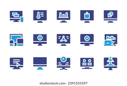 Computer screen icon set. Duotone color. Vector illustration. Containing thermometer, shopping bag, information, checking, layers, graph, graphic design, monitor, science, coffee mug, screen, comment.