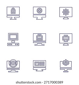 Conjunto de iconos de pantalla de computadora. Estilo de línea. Trazo editable. computadora, computadora vieja, Configuraciones, impresora, computación.