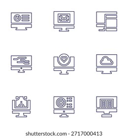 Computerbildschirm-Symbolsatz. Linienstil. Bearbeitbarer Strich. Computer, E-Mail, Kundenfeedback, Chart, Responsive, Cloud, e-Learning.
