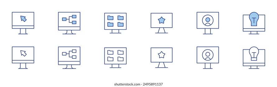 Icono de pantalla de ordenador establecido en dos estilos, Duotono y estilo de línea fina. Trazo editable. idea, compartir, pantalla, computadora.