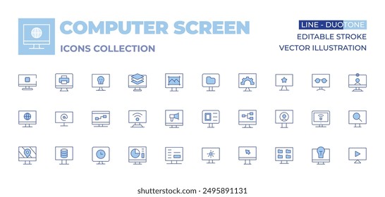 Kollektion der Computerbildschirm-Symbole. Line Duotone-Stil, bearbeitbare Strich. Idee, Einstellungen, freigeben, Lesemodus, Computer, TV, Bildschirm, Arroba, Suchen, Laden, Video-Anruf, Fernsehen, Ebenen.