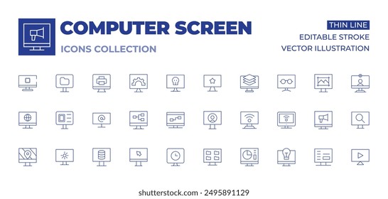 Kollektion der Computerbildschirm-Symbole. Dünne Linien-Symbole, bearbeitbare Konturen. Idee, Einstellungen, Freigeben, Lesemodus, Computer, TV, Bildschirm, Arroba, Suchen, Laden, Video anrufen, Fernsehen schauen, Ebenen.