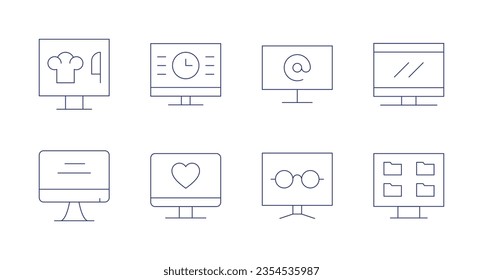 Computer screen icons. editable stroke. Containing computer, time, monitor, arroba, tv, reading mode, share.