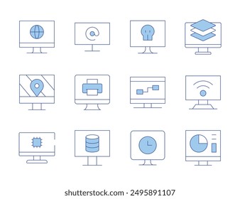 Computerbildschirm-Symbole. Line Duotone Stil, bearbeitbare Strich. TV, Computer, Arroba, Bildschirm, Ebenen.