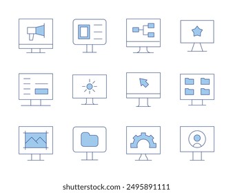 Iconos de la pantalla del ordenador. Estilo Duotono de línea, trazo editable. Configuraciones, compartir, ordenador, pantalla, carga.