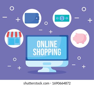 computer screen with icons of online shopping vector illustration design