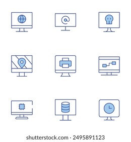 Computerbildschirm-Symbole gesetzt. Line Duotone Stil, bearbeitbare Strich. TV, Computer, Arroba, Bildschirm.