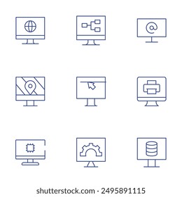 Computerbildschirm-Symbole gesetzt. Thin Line-Stil, bearbeitbare Kontur. Einstellungen, Computer, Bildschirm, Arroba.