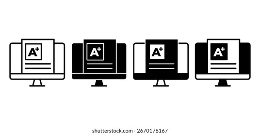 Computer Screen Icons Showing Document with A+ Grade Black and White Color Vector Design Illustration