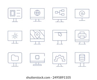 Computerbildschirm-Symbole. Thin Line-Stil, bearbeitbare Kontur. Einstellungen, Computer, Bildschirm, Arroba, Laden.