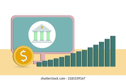 computer screen with image of banking building icon, dollar gold coin and chart, global economic growth, finance and business theme