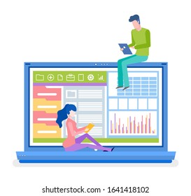 Computer screen with information vector, male and female with laptops and tablet, people dealing with analysis and stats info, workpace online job