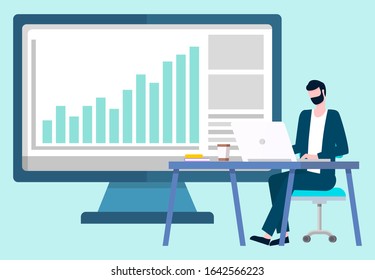 Computer screen with information vector, person using gadget. Working businessman with laptop analyzing info on monitor isolated character flat style