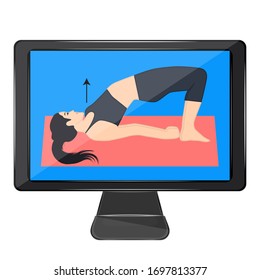 Computer screen - instructor shows exercise - vector. Online training. Quarantine. Self isolation. Stay healthy