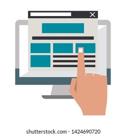 Computer screen internet browsing with hand clicking and hovering tab vector illustration graphic design