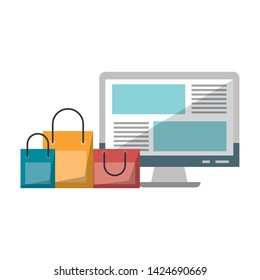 Computer screen internet browsing with shopping bags vector illustration graphic design