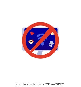 Computer screen intersect with red lines flat vector illustration isolated on white background. Symbol or sign of digital detox and internet access ban.