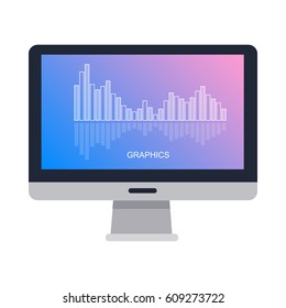 Computer screen isolated with graphics on white. Column chart with high and low marks that reflect. Technological device with informative scheme showing progress and regression on blue-pink background