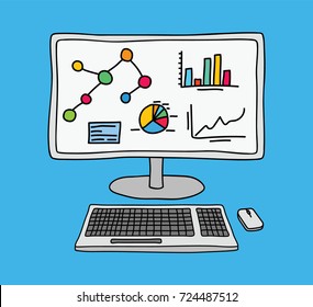 Computer screen with keyboard and mouse displaying statistics and analytics data in hand drawn sketch style. Colour filled line art.