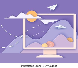 Computer screen with landscape. Nature Ecologic Scene on Monitor screen with mountains, trees, waterfall and paper planes. Paper cut style. Vector illustration