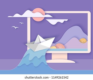 Computer screen with landscape. Nature Ecologic Scene on Monitor screen with mountains, trees, waterfall and paper boat. Paper cut style. Vector illustration