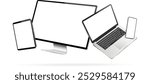 Computer screen, laptop, tablet pc and mobile phone while levitating in the air on a white background