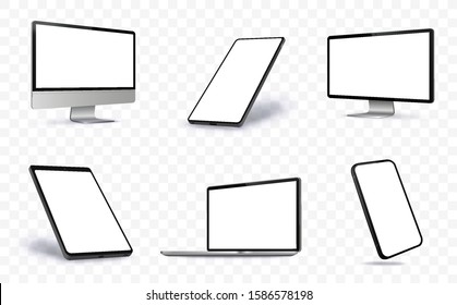 Computer Screen, Laptop, Tablet PC and Mobile Phone Vector illustration With Perspective Views.  Blank Screen Devices on Transparent Background.