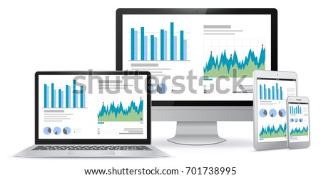 Computer Screen, Laptop, Tablet PC, Smart Phone Screens With Financial Charts and Graphs
