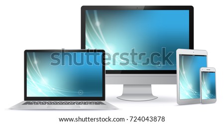 Computer Screen, Laptop, Tablet PC, Smart Phone Vector illustration.
