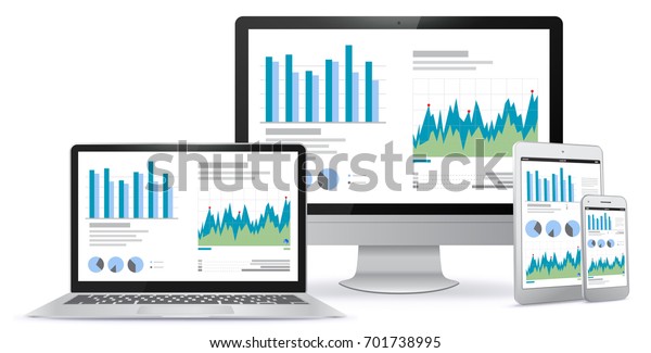 財務チャートとグラフを含むコンピューター画面 ノートパソコン タブレットpc スマートフォン画面 のベクター画像素材 ロイヤリティフリー