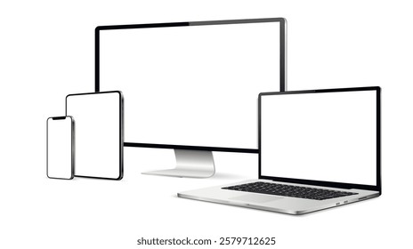 Computer screen, laptop computer, tablet and smartphone realistic devices blank screen mockup