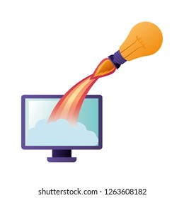 computer screen and light bulb with rocket