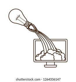 computer screen and light bulb with rocket