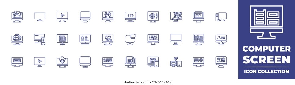 Computer screen line icon collection. Editable stroke. Vector illustration. Containing television, coding, computer, monitor, profile, watching tv, configuration, pc, personal computer, game.