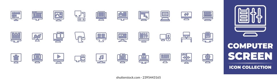 Computer screen line icon collection. Editable stroke. Vector illustration. Containing computer server, computer, binary code, smart home, recycle bin, monitor, task, alert, settings, video player.