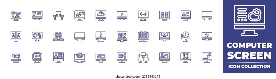 Computer screen line icon collection. Editable stroke. Vector illustration. Containing video call, online voting, desktop, notification, global, graphic design, computer, table, share, e learning.
