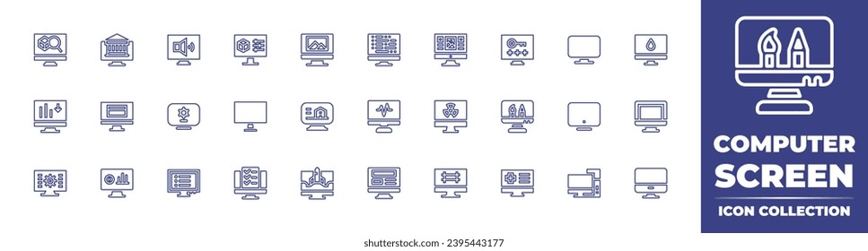 Colección de iconos de la línea de la pantalla del equipo. Trazo editable. Ilustración vectorial. Conteniendo configuración, monitor, computadora, usabilidad, altavoz, contraseña, diseño gráfico, programa, historial médico, explorador.