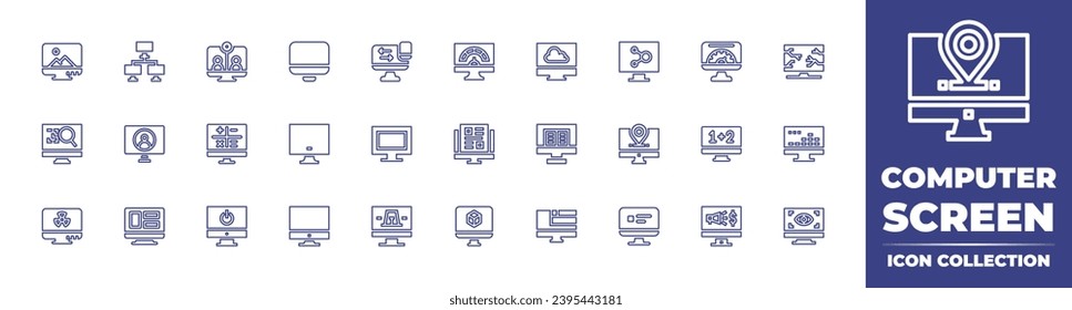 Colección de iconos de la línea de la pantalla del equipo. Trazo editable. Ilustración vectorial. Con monitor, computadora, pantalla de computadora, videollamada, nube, calculadora, e learning, transfer, estimada, codificación.