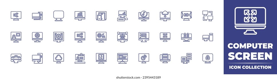 Computer screen line icon collection. Editable stroke. Vector illustration. Containing computer, computer networks, user, pc, music, warning, text, cloud, chart, sound, responsive, 3d, video chat.