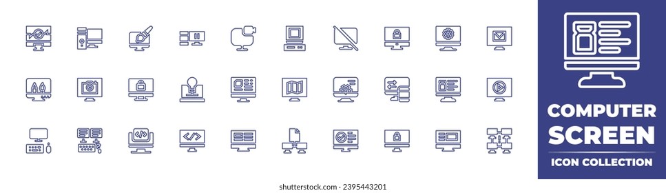 Computer screen line icon collection. Editable stroke. Vector illustration. Containing graphic design, monitor, settings, voting, setting, online booking, computer, workstation, antique, email, camera