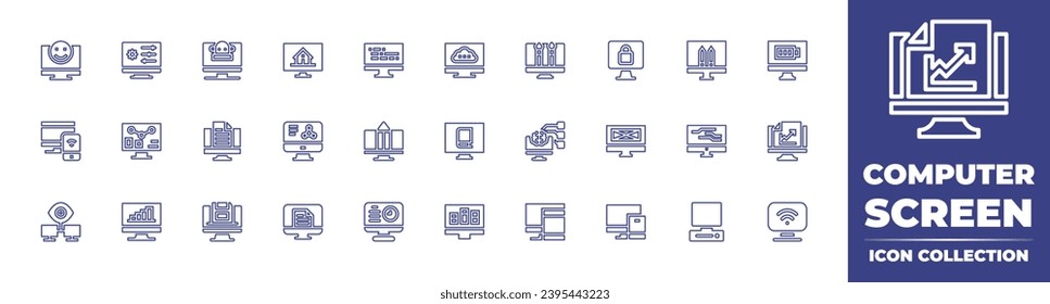 Computer screen line icon collection. Editable stroke. Vector illustration. Containing computer, file, save, responsive, settings, graphic tool, analysis, artificial intelligence, monitor, battery.