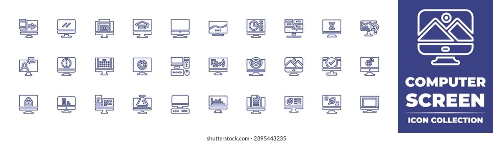 Computer screen line icon collection. Editable stroke. Vector illustration. Containing computer, online, gambling, padlock, stats, online learning, waiting, pie chart, checked, chemistry, leaf.