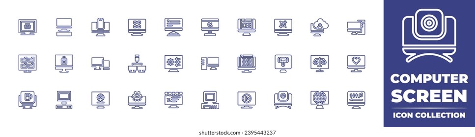 Colección de iconos de la línea de la pantalla del equipo. Trazo editable. Ilustración vectorial. Conteniendo ordenador personal, pc, ordenador, viejo ordenador, entrega de alimentos, escritura, red en la nube, almacenamiento, configuración, justicia.
