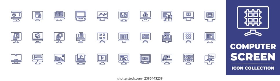 Computer screen line icon collection. Editable stroke. Vector illustration. Containing atom, monitor, medical service, report, growth, warning, mail, resize, layers, minimize, list, grid, desktop.